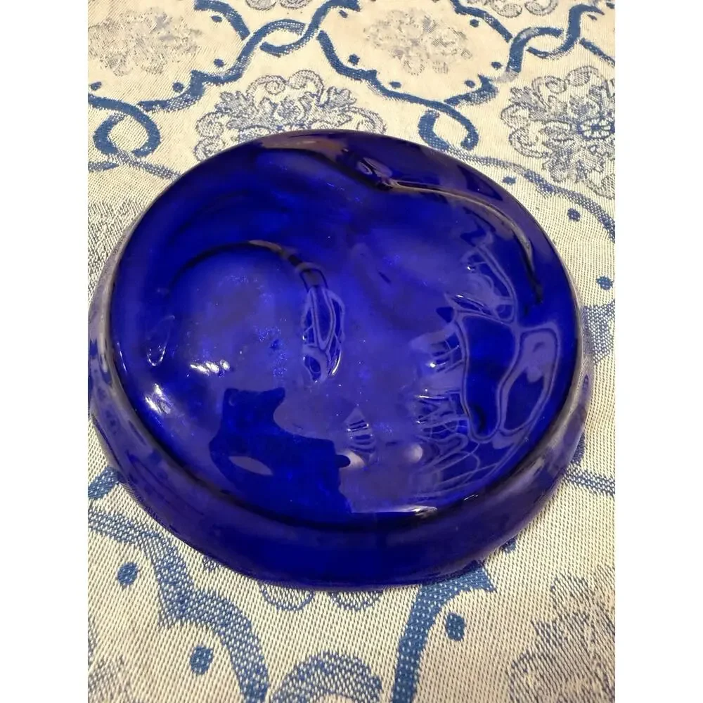 Vintage Cobalt Blue Glass Rabbit Bunny Dish Plate Pressed Glass 4.5”